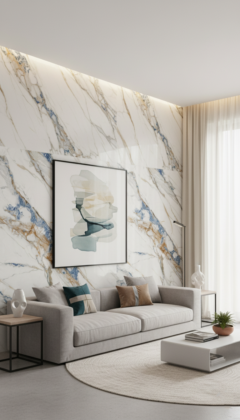 Interior rendering of a living room finished with D56 Design marble-finish wall panels